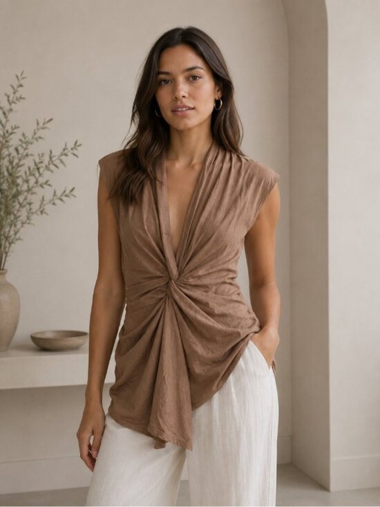Yves Saint Laurent Tops - Yves Saint Laurent Brown Twist Front Draped Top Cap Sleeve FR 40 Small
